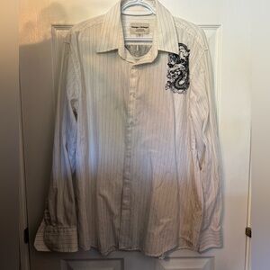 Men's White Striped Shirt with Black Embroidery fits as a large